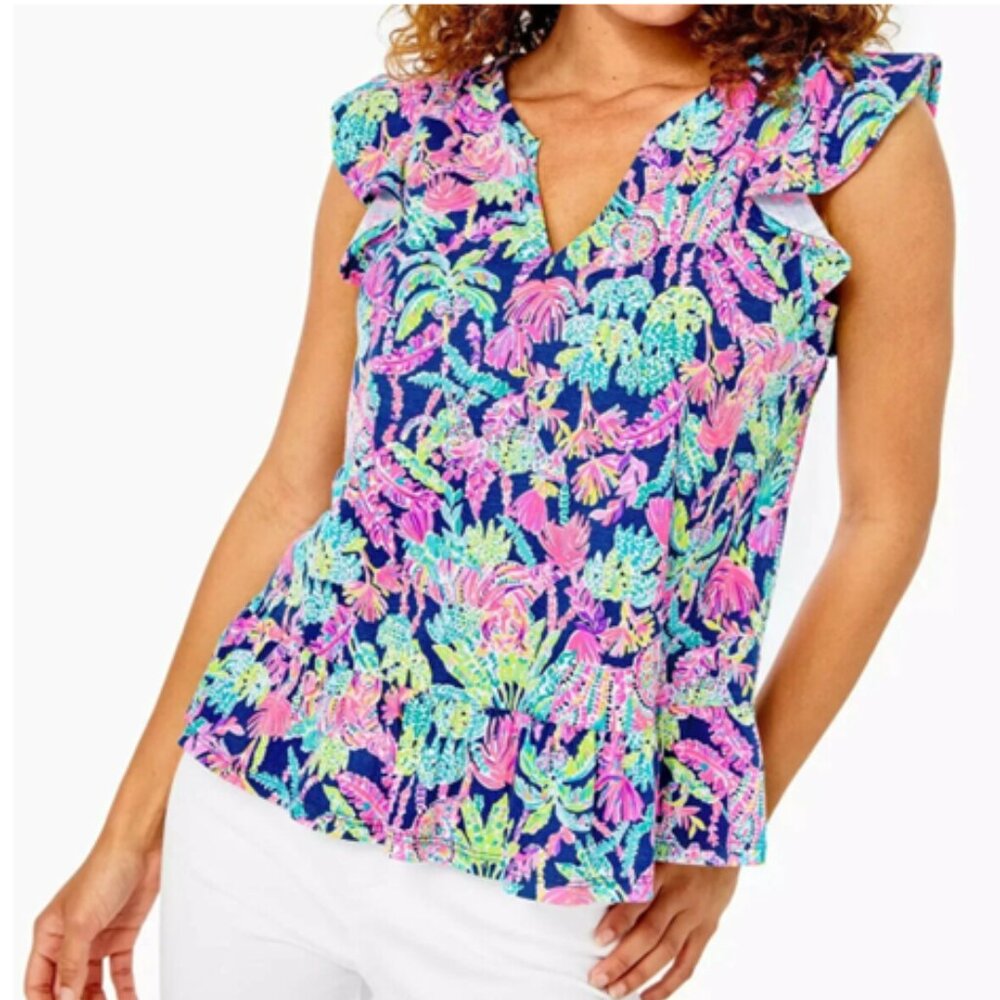 Lilly Pulitzer Size Large Lacie Peplum Blouse Top Ruffle Sleeve